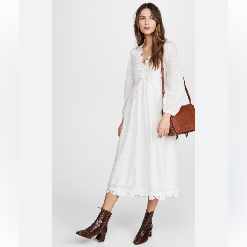 The Great Swiss Dot Floral Lace Trim Long Sleeve Maxi Dress